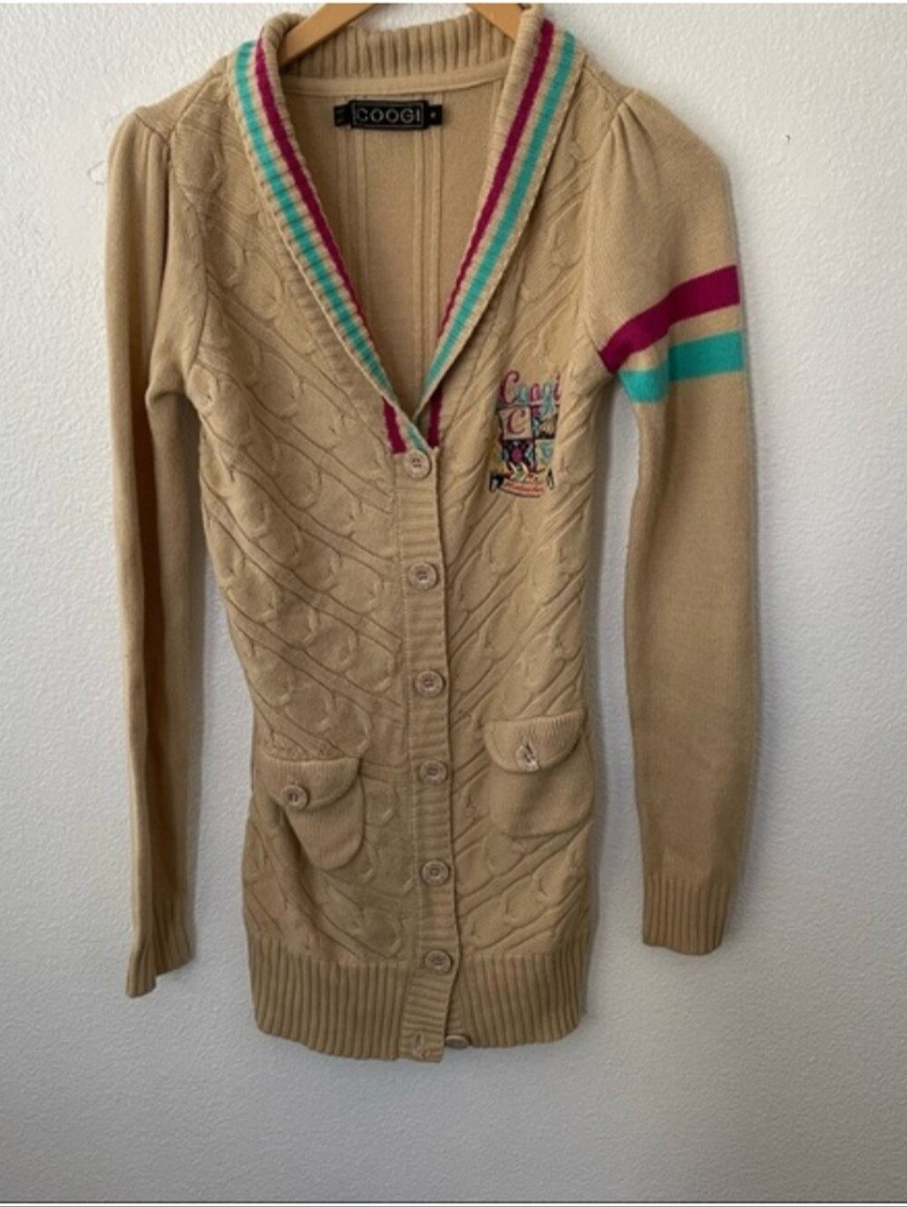 Coogi Tan Cable-Knit Long Cardigan with Stripe Trim